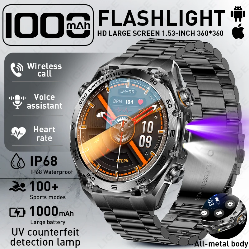 

2.01''Screen Global Hiking Smartwatch 1100mAh Battery UV LED Light Compass IP68 Voice Assistant Outdoor Sport Fitness Watch 2026