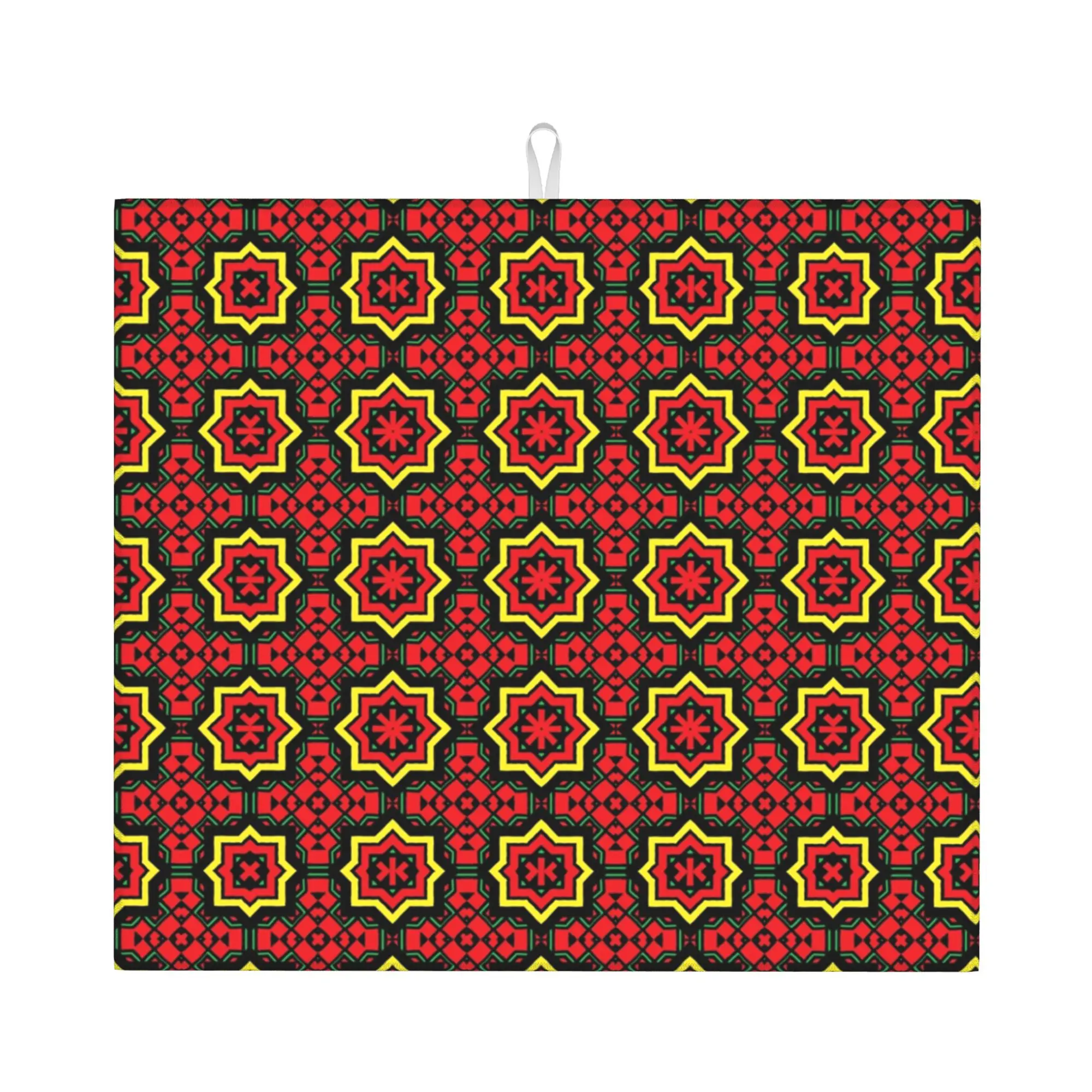 Drying Mat For Kitchen African Tribal Geometric Art  Red Star Ankara Pattern Barware Tableware Washable Kitchen Sink Drying Pad