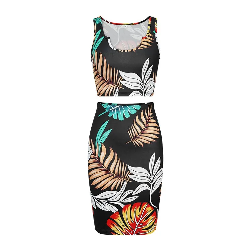 Tropical Plants Print Slim Skirt Two Piece Set for Women Sexy Sleeveless Short Vest Top + Package Hip Skirts Suit Vacation Style