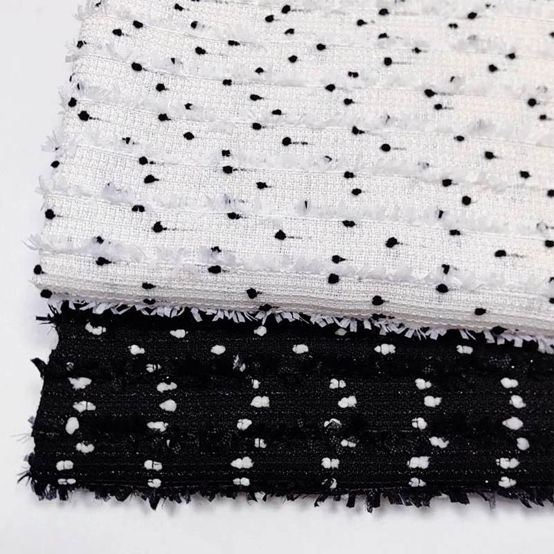 

Черно-белая твидовая ткань в горошек и ленте для женщин, осеннее пальто, юбка, куртка, костюмы, ткань «сделай сам», швейный материал