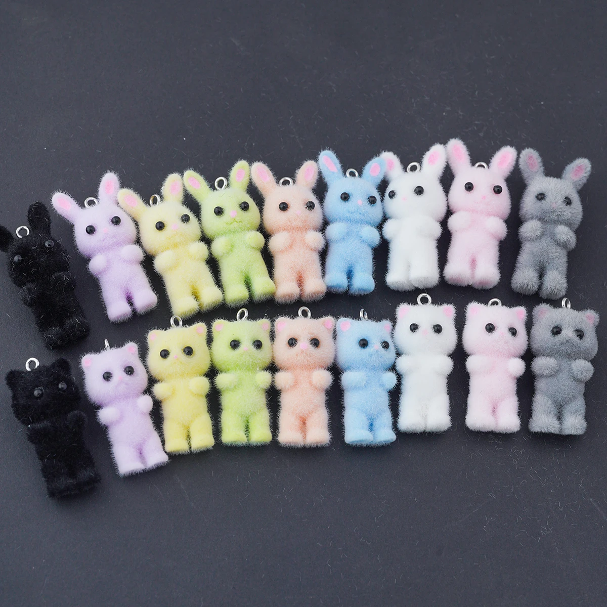 18pcs 3D Cartoon Resin Rabbit and Cat Charms Cute Flocking Animal Pendant For Keychains Necklace DIY Jewelry Make Accessories