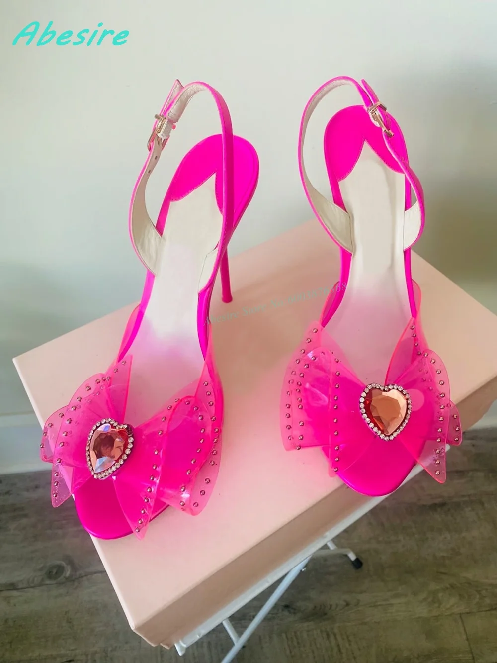 Heart-Shaped Crystal Patchwork Butterfly Knot Sandals Peep Toe Stiletto Heels Ankle Buckle Shoes for Women Y2K Wedding Shoes New