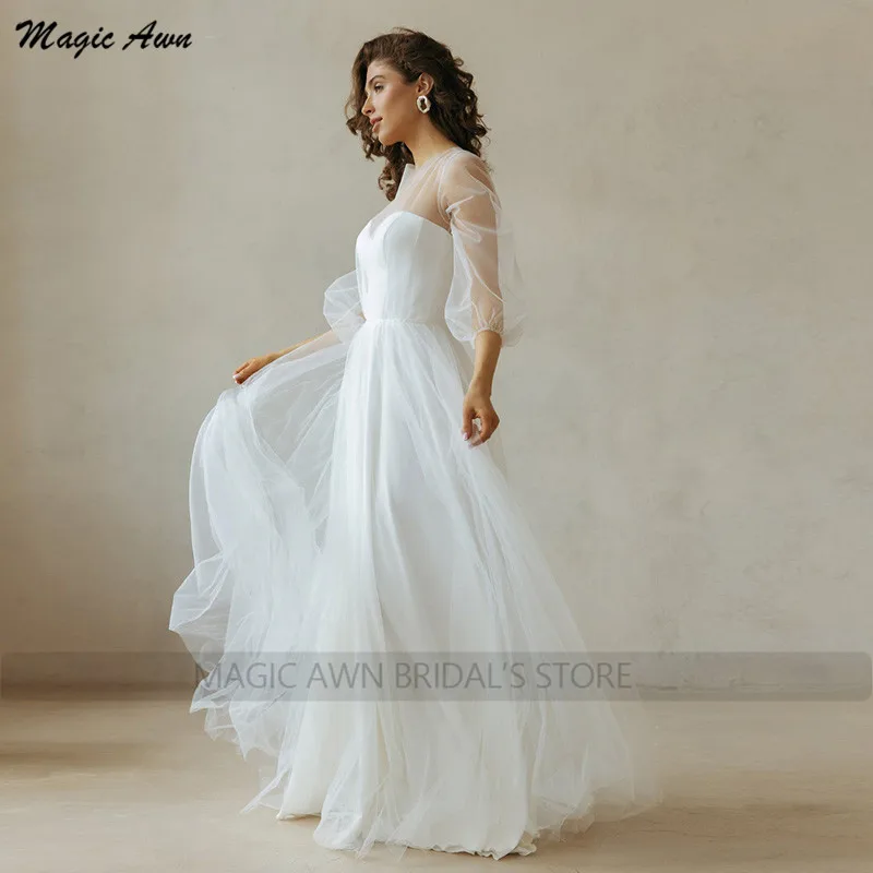 Magic Awn-vestidos De novia sencillos con mangas abullonadas blancas, ropa De boda De tul suave, con perlas y cuentas, 2023