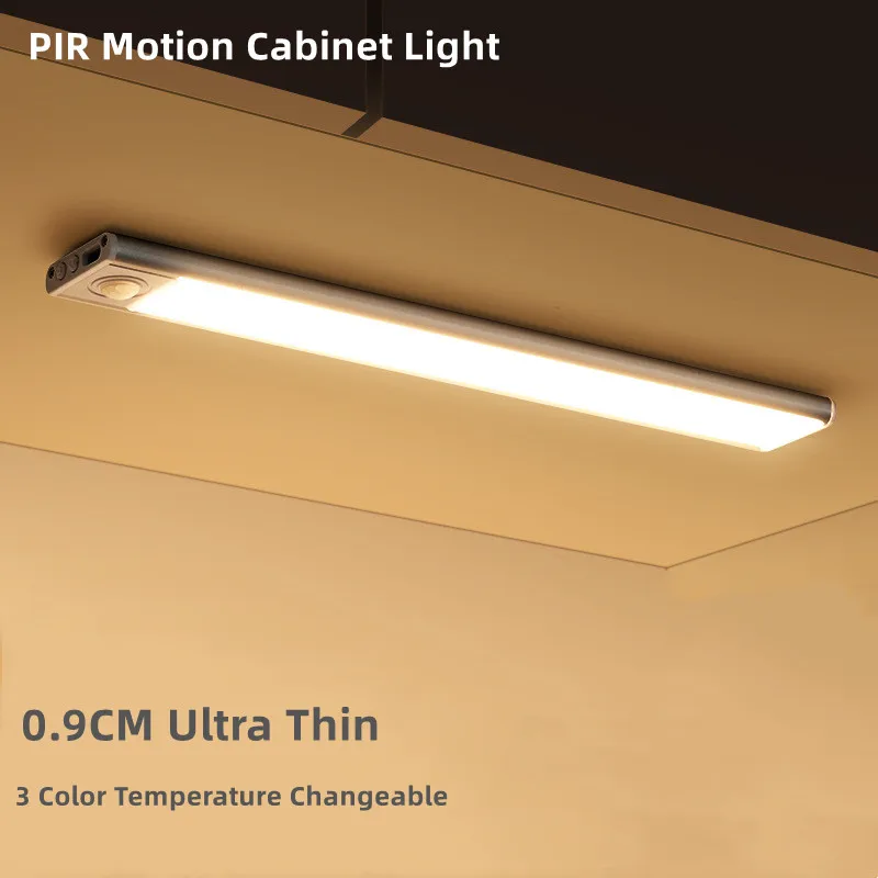 3CCT 60CM 0.9CM Aluminum Ultra thin LED Cabinet Lights PIR Motion Sensor + Light Sensor Led USB Rechargeable Strip Light