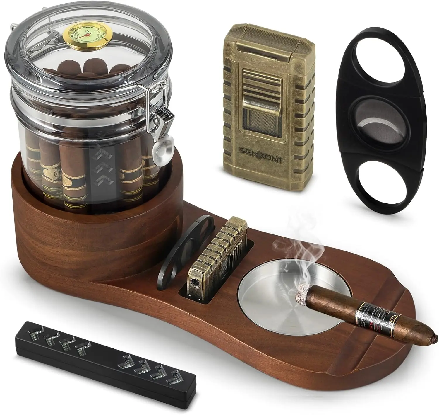 Cigar Humidor, Solid Wood Cigar Ashtray & Acrylic Cigar Jar Kit with Cigar Cutter, Cigar Lighter, Humidifier and Dropper