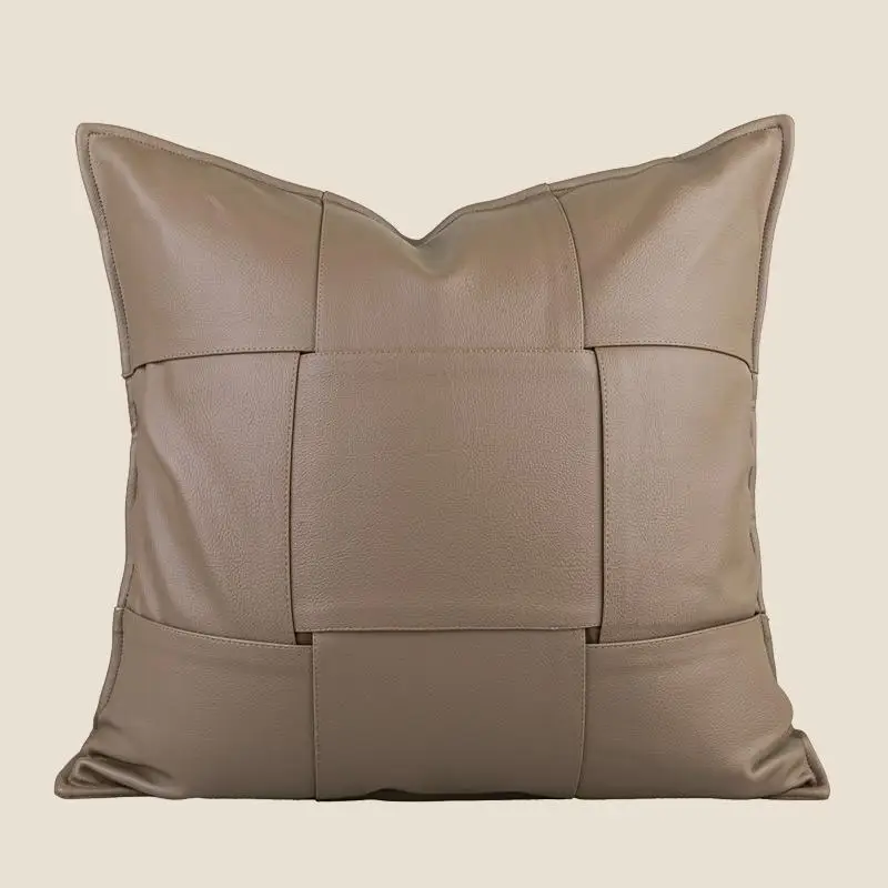 Simple Modern beige coffee cushion cover PU leather tweed patchwork pillowcase