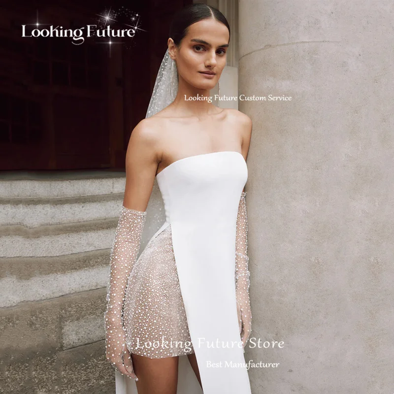 Customized Simple Mermaid Ivory Strapless Wedding Dresses Sexy Backless Sleeveless Pleat Polka Dot High Side Slit Bridal Gown