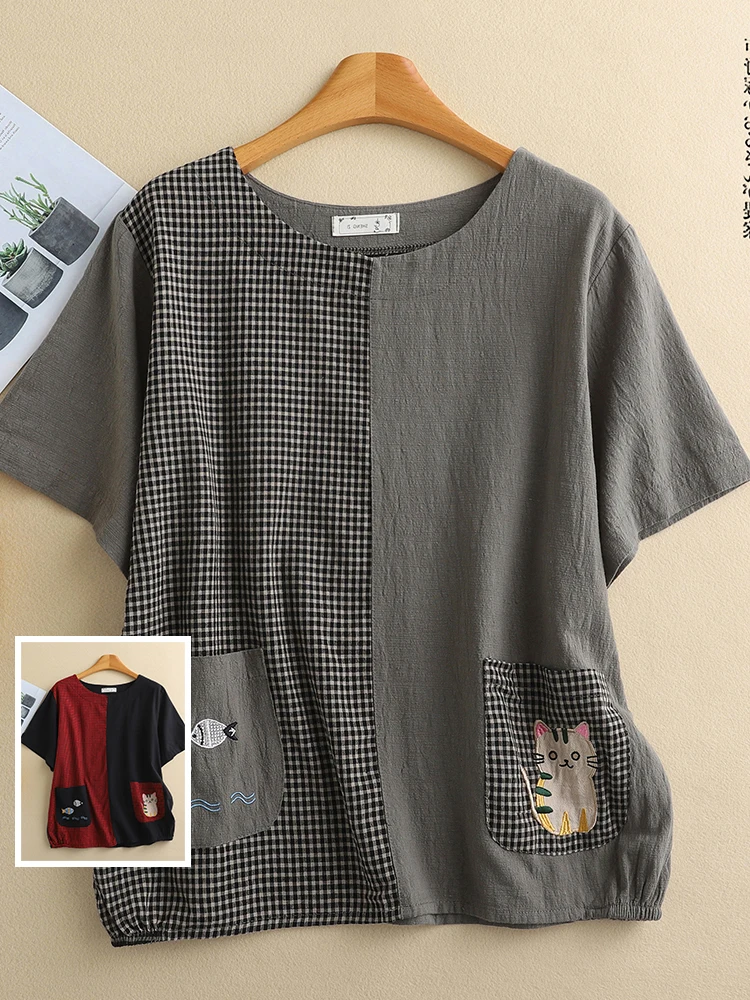 

Cartoon Embroidered Patchwork Plaid Cotton Linen ort Sve round Ne T-irt plus Size Women's Summer Casual Top