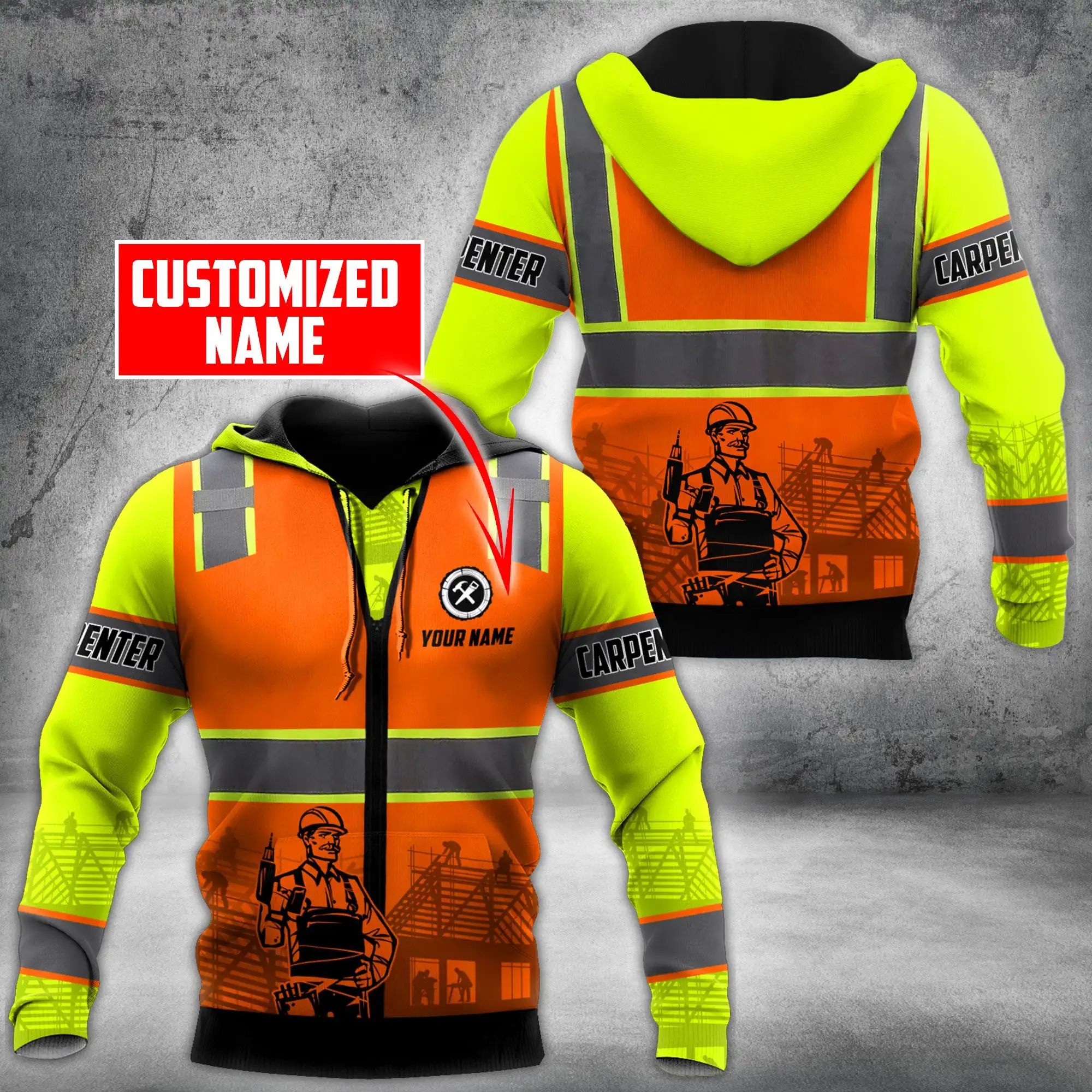 

Customized Name Carpenter 3D Print Jacket Men/Women Hooded Sweatshirt Zipper Hoodies Casual Orange Streetwear Unisex Pullover