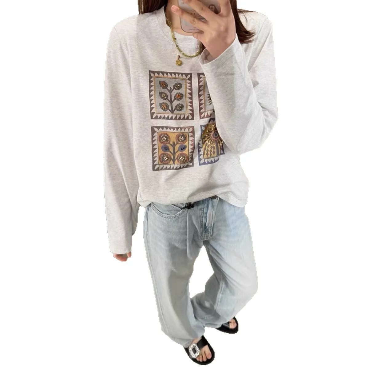 Loose Fit Casual Top Regular Length Japanese Korean Casual with Long Sleeve Summer Printed Long Sleeve Shirts Travel for Women