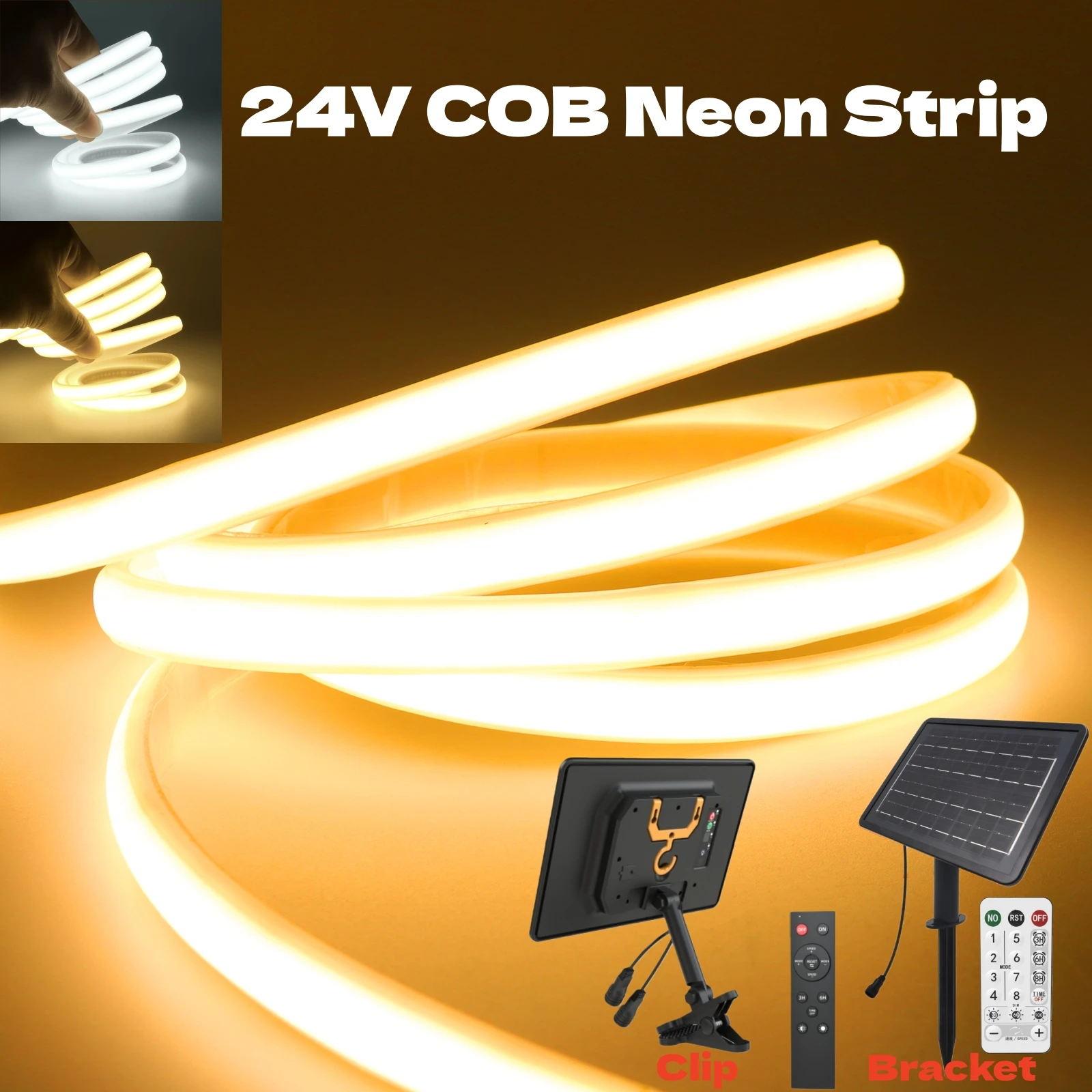 dc-24v-cobソーラーネオンストリップledライト、リモコン付き、ip67防水、両面テープ付きフレックスロープ型リニア照明、3000k、4000k、6000k