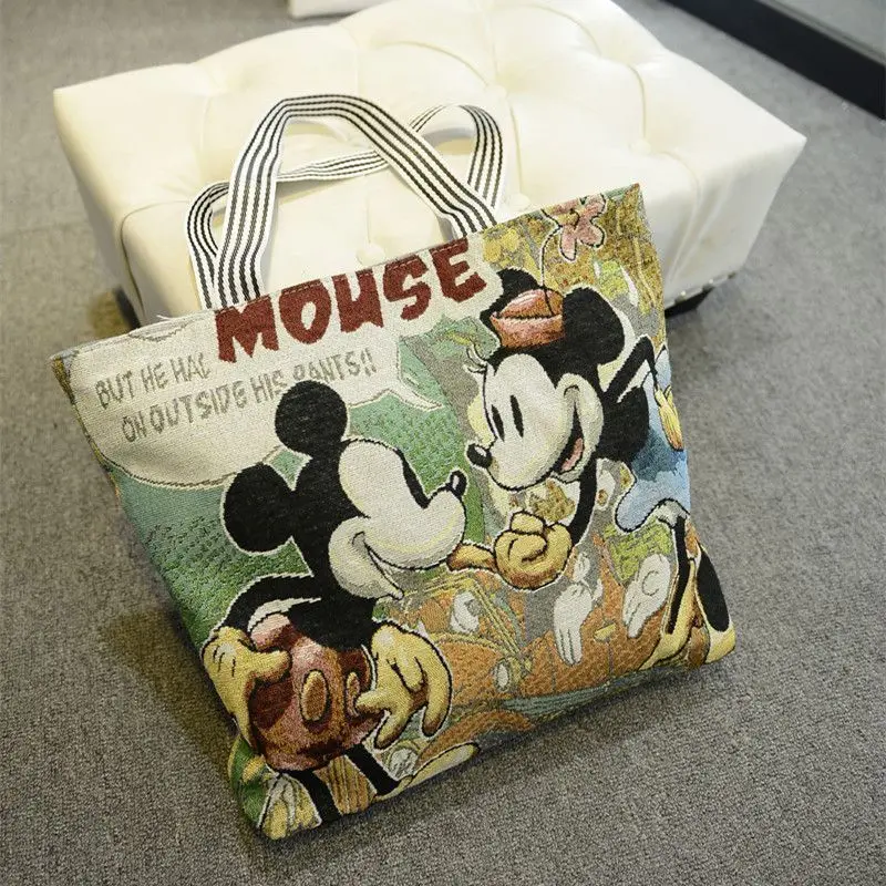 Disney Mickey Mouse cute and sweet girl's casual and versatile cartoon embroidered canvas shoulder tote bag for girls to go out