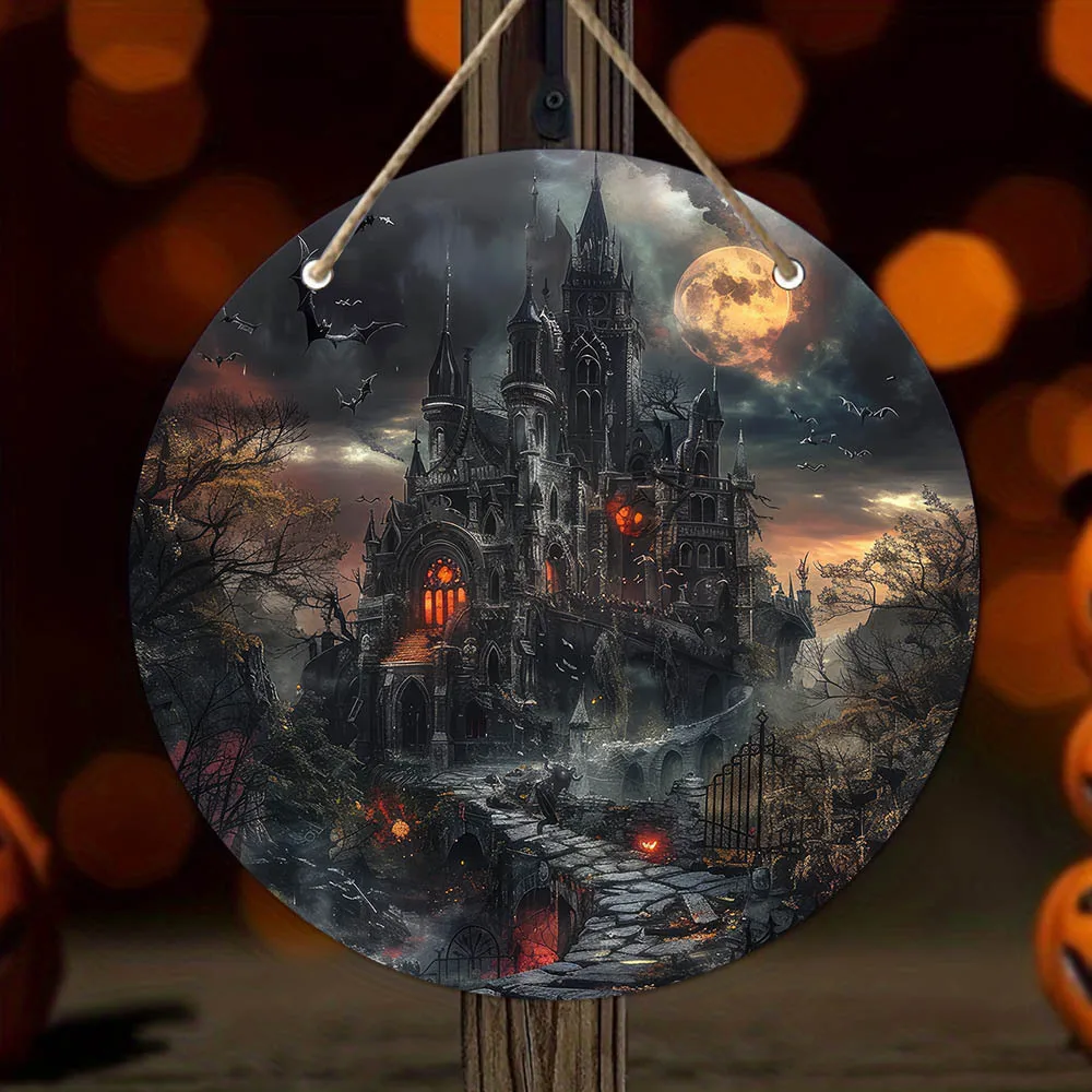 Retro-Halloween-Holzschild „Eerie Castle“ – kreisförmige Halloween-Wanddekoration, geeignet für die Heim-Halloween-Dekoration