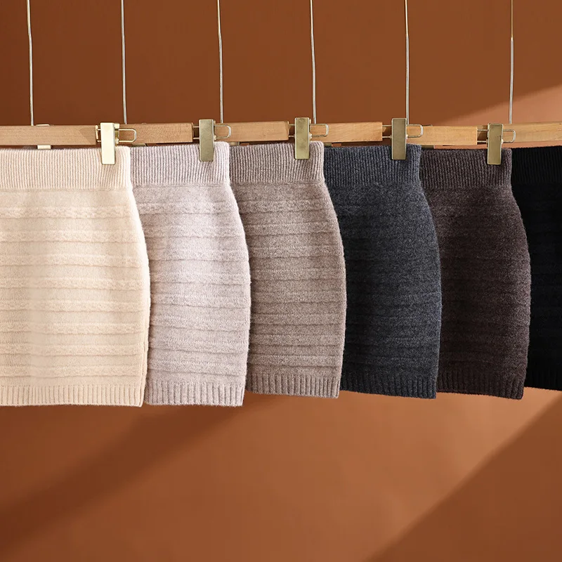 Women's Merino Wool Knit Mini Skirt New Fall Winter Collection Horizontal Cable Striped Texture A Line Skirt Muted Refined