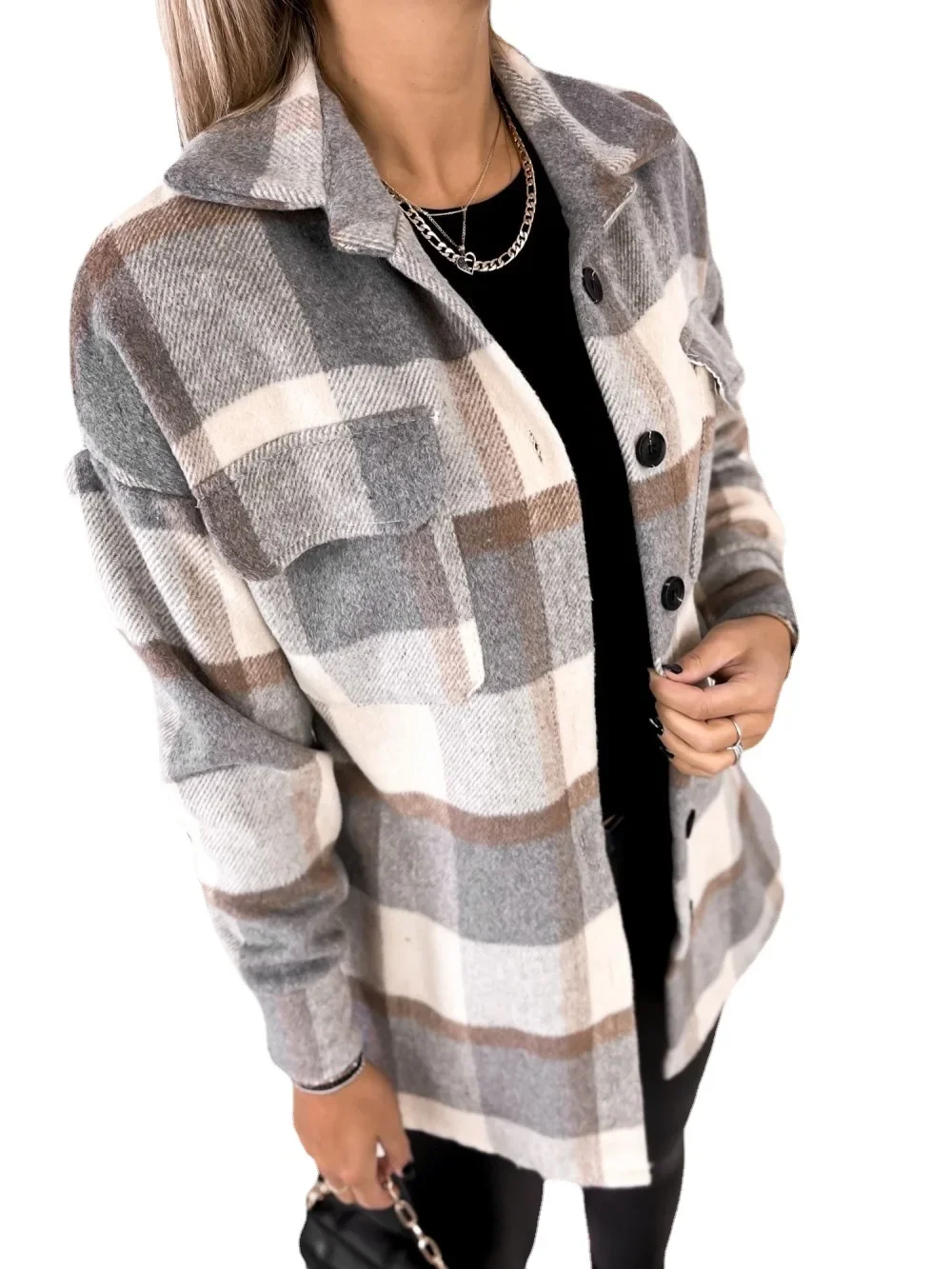 Women\'s S-2XL size new long sleeved single breasted plaid printed shirt collar woolen jacket tops camisas