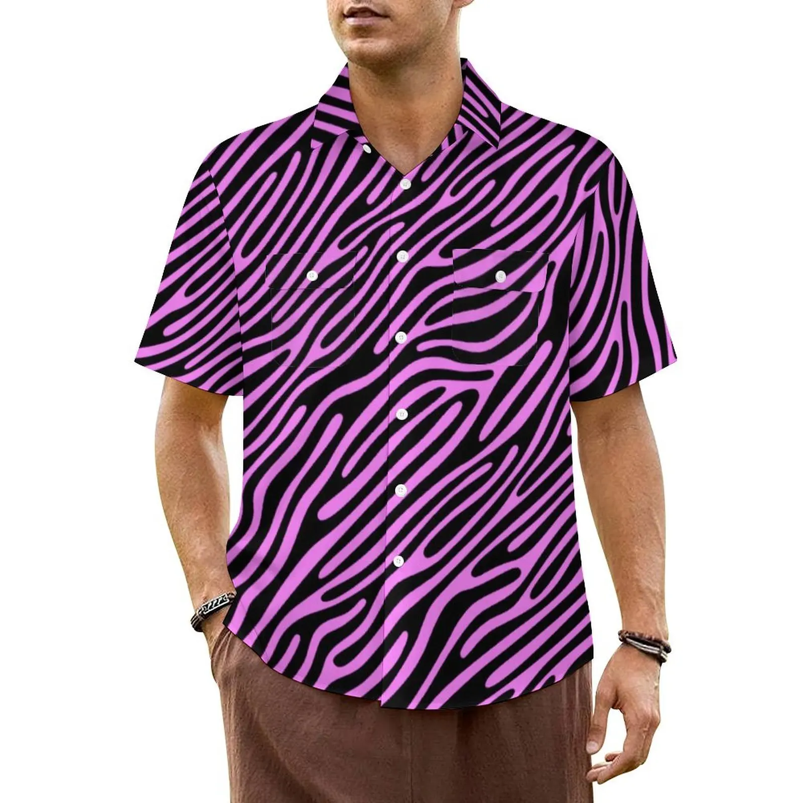 

Rosa Zebra Hawaiian Shirt For Male Beach Purple And Black Stripes Casual Shirts Short-Sleeved Street Elegant Oversized Blouses