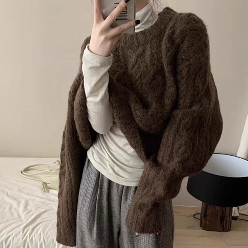 2025 herbst Winter Frauen Lange Ärmel Einfarbig Oansatz Pullover Sweatr Herbst Elegante Casual Koreanischen Stil Lose Gestrickte Top