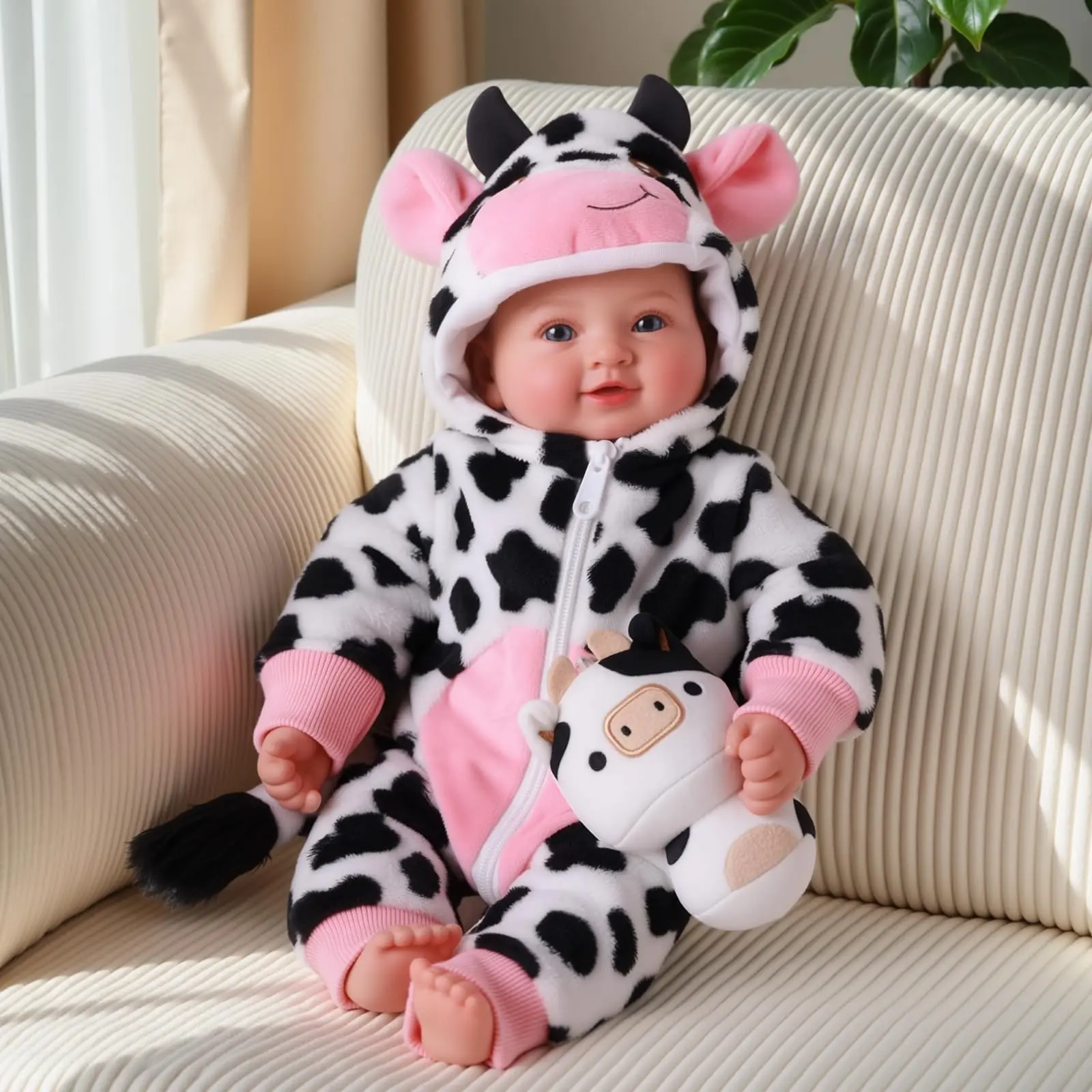 

Baby Doll Girl - 17 Inch Soft Body Realistic Baby Doll with Blue Eyes and Cow Outfit Real Life Baby Dolls for 3 +