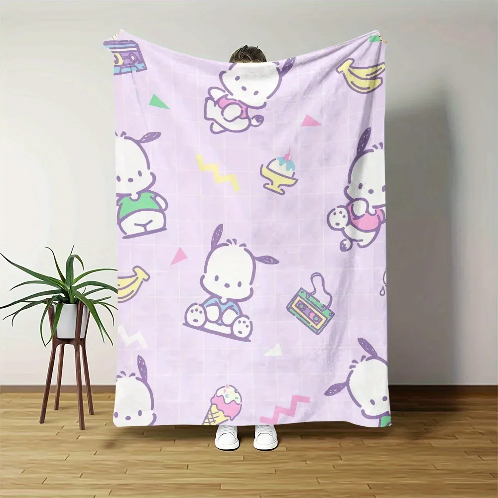1 Stück Sanrio Pochacco Hellviolette Retro-Flanelldecke - 2D-Druck, Ultra Weiche Gemütliche Decke für Schlafzimmer Wohnzimmer Camping