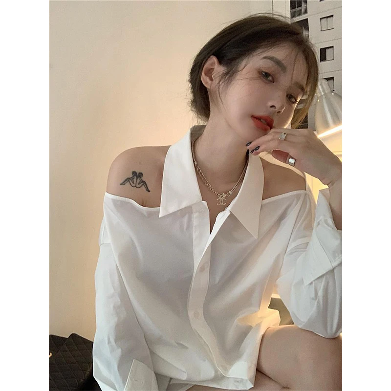 Y2K White Shirts Women Streetwear Sexy Halter Hollow Out Long Sleeve Blouse Korean Office Lady Elegant Off Shoulder Casual Tops