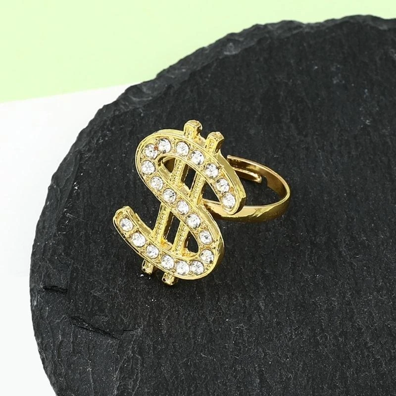 Crystal Dollar Sign Ring Money Symbol Ring Hip Hop Jewelry Rapper Punk Costume Props Golden Adjustable Open Ring