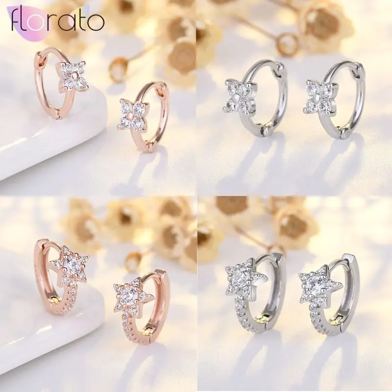 

925 Sterling Silver Needle Stars/Butterfly/Four-leaf Clover Temperament Classic Ear Buckles Women's Hoop Earrings Jewelry Gifts