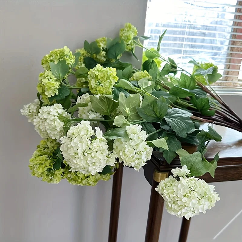 

Set of 2 Large 34-Inch Realistic Wooden Hydrangea Artificial Flowers, Designed with 3 Heads, Featuring Plastic Green And White F