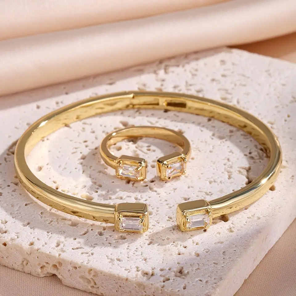 ZAKOL Elegant Shiny Rectangle Zircon Open Bangle & Ring Set Sparkling Gold Color Engagement Wedding Jewelry Two-piece Set