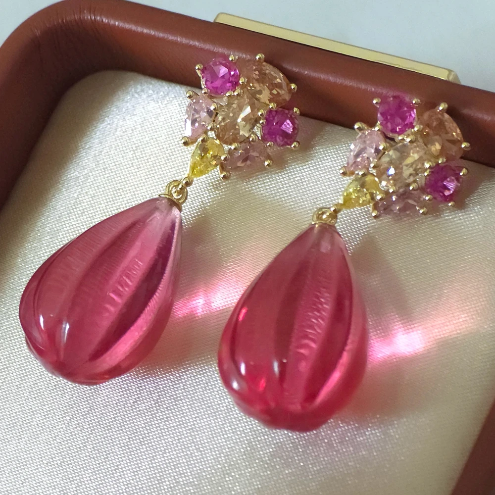 

KQDANCE Colored Zircon Pear Cut Engraving Pink Red Stone Fruit Long Water Drop Earrings Gold Plated Party Jewelry Wholesale