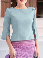 ZANZEA Womens Elegant Slim Fit Blouses Casual O-Neck 3/4 Flared Sleeve Solid Color Blusas Mujer 2025 Spring Summer Office Tops