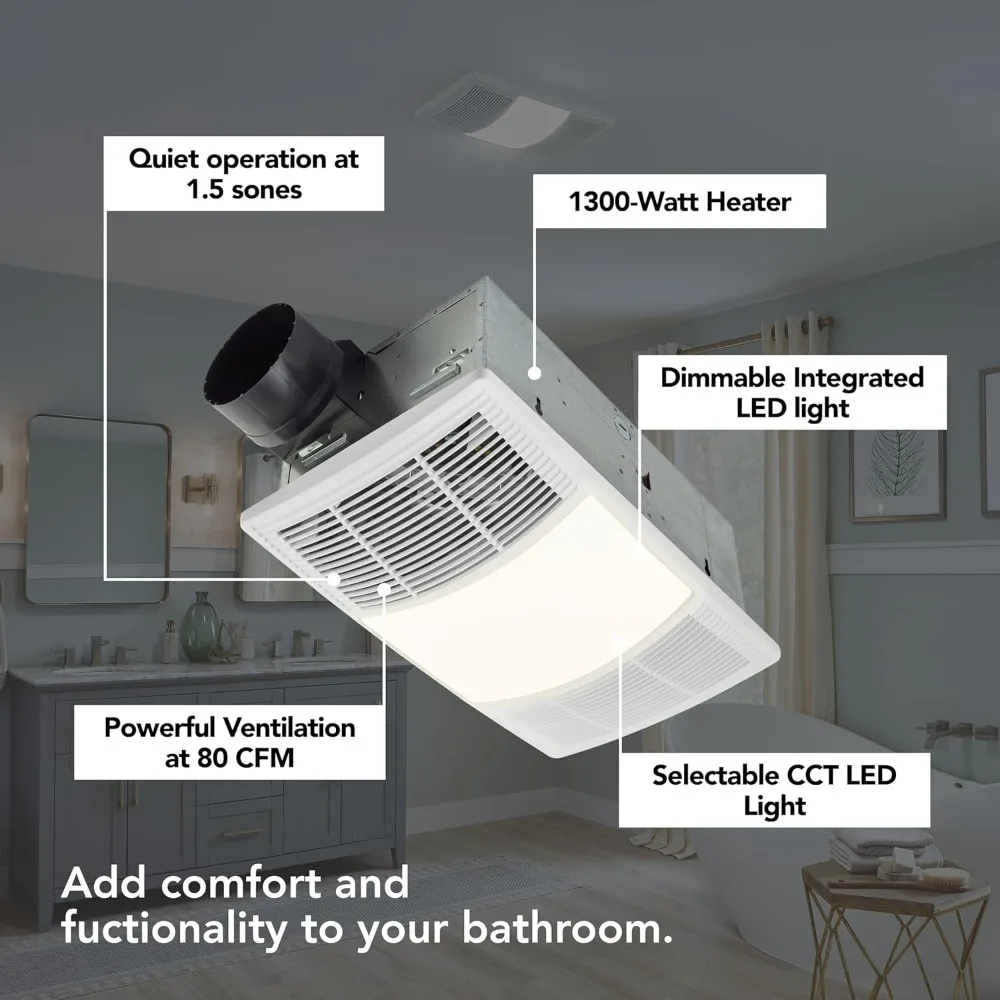 الأدوات وتحسين المنزل BHFLED80 PowerHeat مروحة عادم الحمام والسخان ومجموعة إضاءة LED، 80 CFM