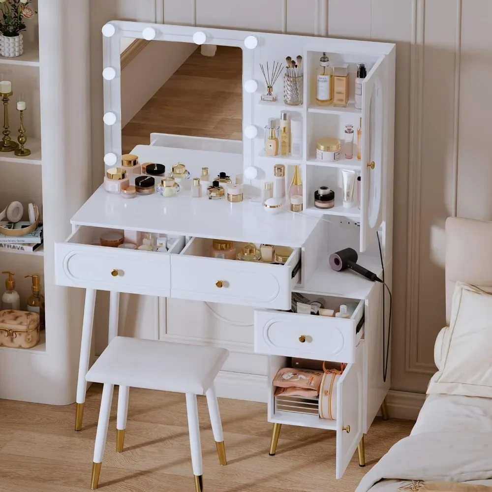 Vanity Desk with Mirror and Lights, with Chair, Makeup Table with Power Outlet and 10 Lights, Vanity Desk