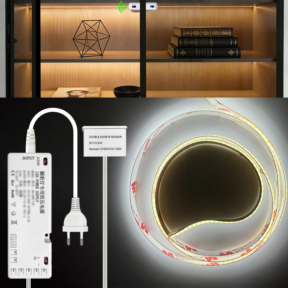 

Double Door Sensor Switch DC 24V COB LED Strip LED Under Cabinet Lights Showcase Wardrobe Backlight Lamp For Room Kitchen