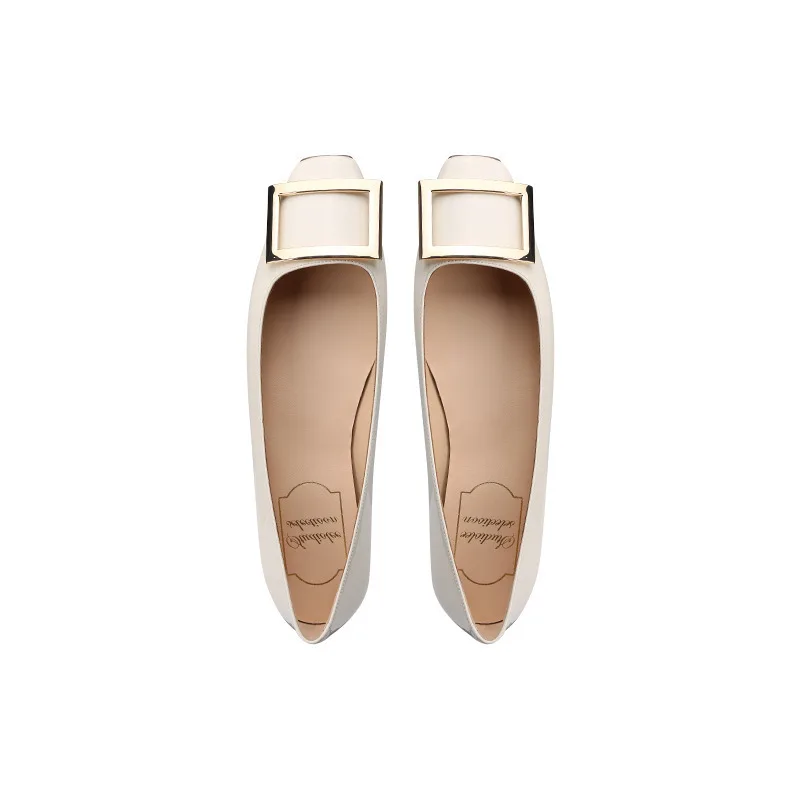 

Women Classic Fashion Elegant Single Shoes Square Button Lacquer Leather Square Head Flat Shoes Shallow Mouth Middle Heel Shoes