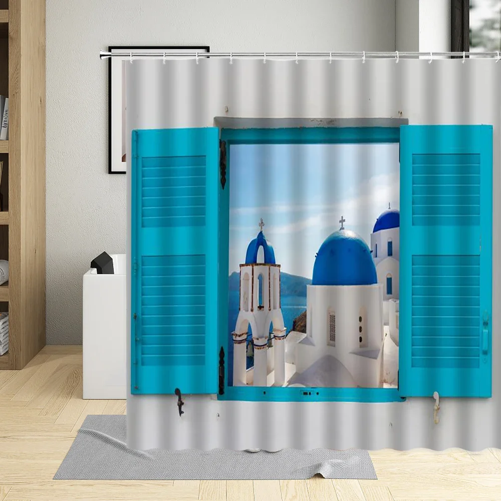 Greece City Town Street Flowers Window Shower Curtain Traditional Design Bathroom Decor 3D Natural Scenery Curtains With Hooks