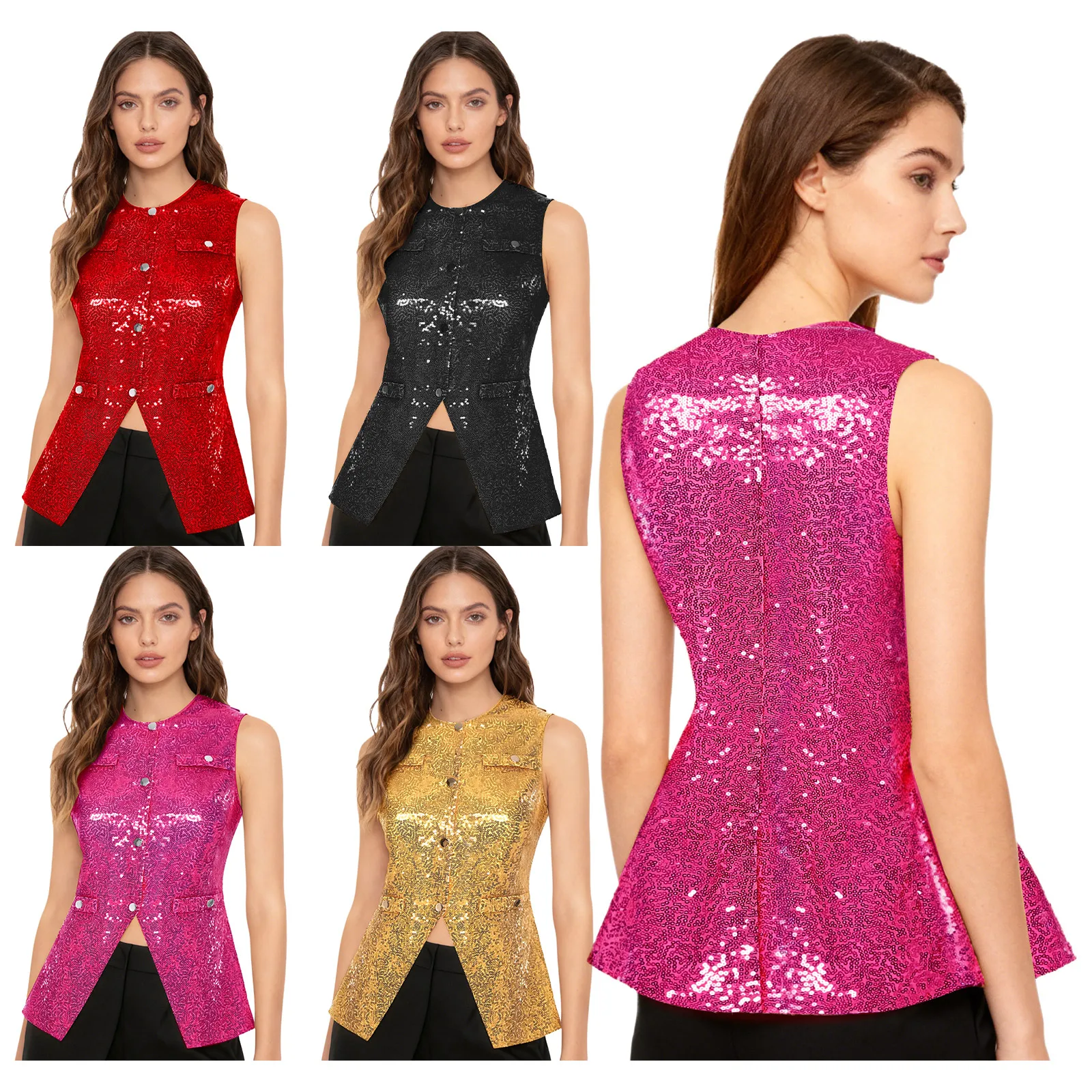 Chaleco brillante de discoteca para mujer, chalecos de lentejuelas sin mangas a la moda para Festival de Música, Ropa de baile puesta en escena para fiesta, traje de baile de Jazz