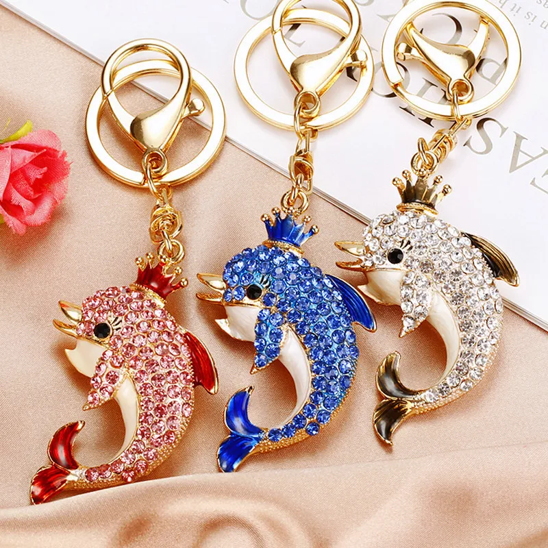 luxury designer jewelry Dolphin Car Keychain with Rhinestone-inlaid Crown Korean trending jewelry motorcycle keychains