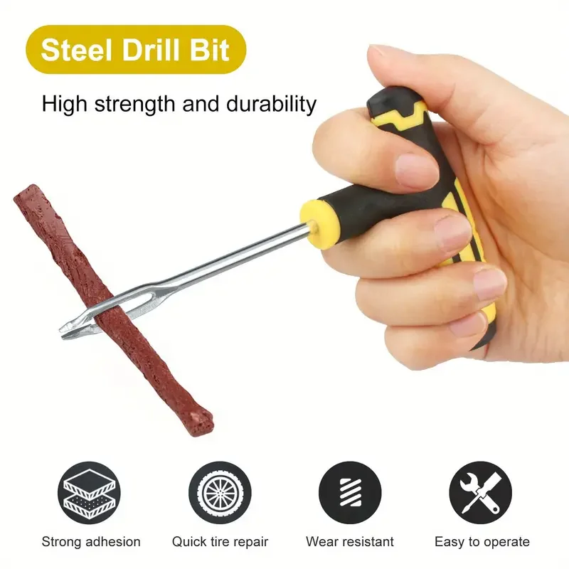 Car Tire Puncture Repair Kit, Vacuum Tire Plugs with Glue Strips, Emergency Quick Repair Patch Tool Set for Motorcycle