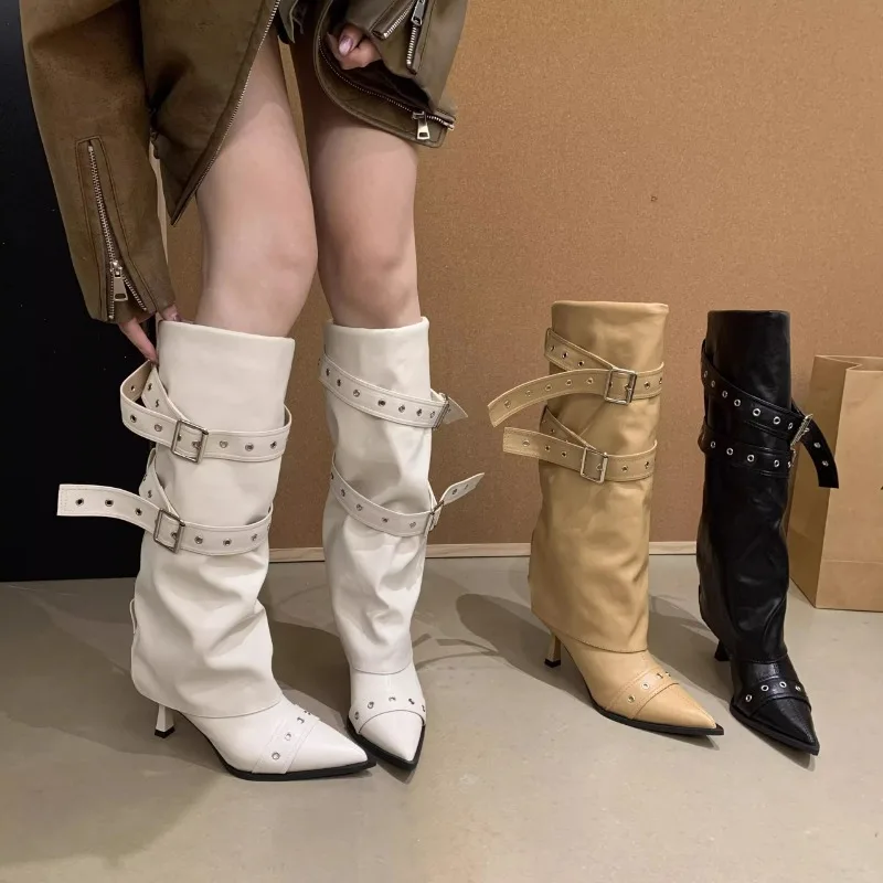 

Нишевые брючные сапоги на высоком каблуке с острым носком. Женские сапоги с длинными трубками. Новинка 2025, осенние и зимние ботинки.