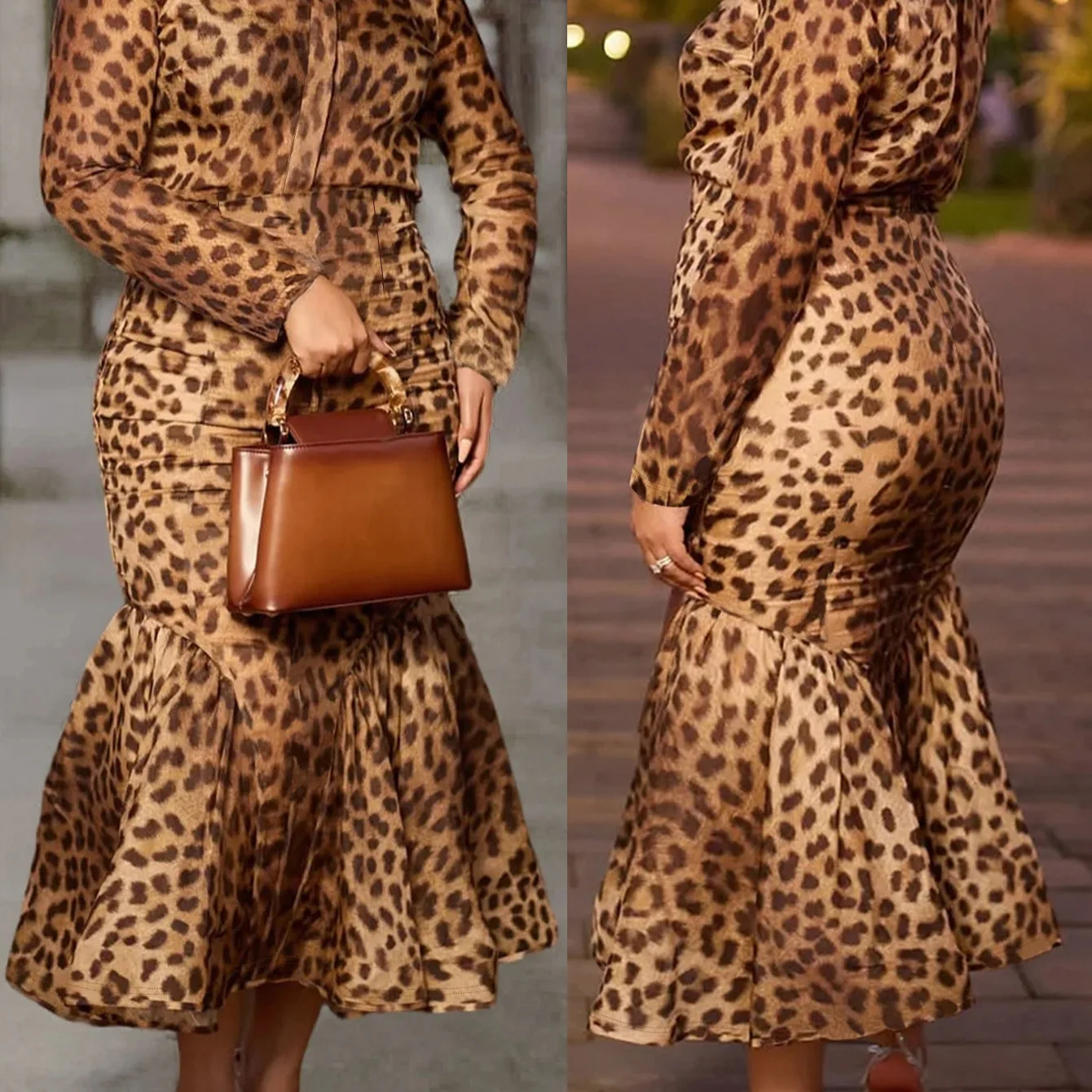 Large Size Leopard Print Long Sleeve Fish Tail Skirt Half Body Skirt Two Piece Set Casual Outfit For Plus Size Women