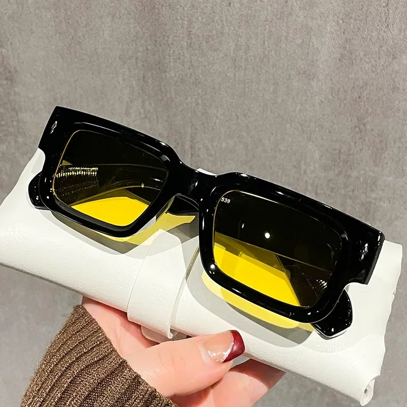 Fashion Retro Thick Leg Square Frame Sunglasses Men Women Popular Brand Small Frame Rice Nail Sun Glasses Black Yellow Glasses