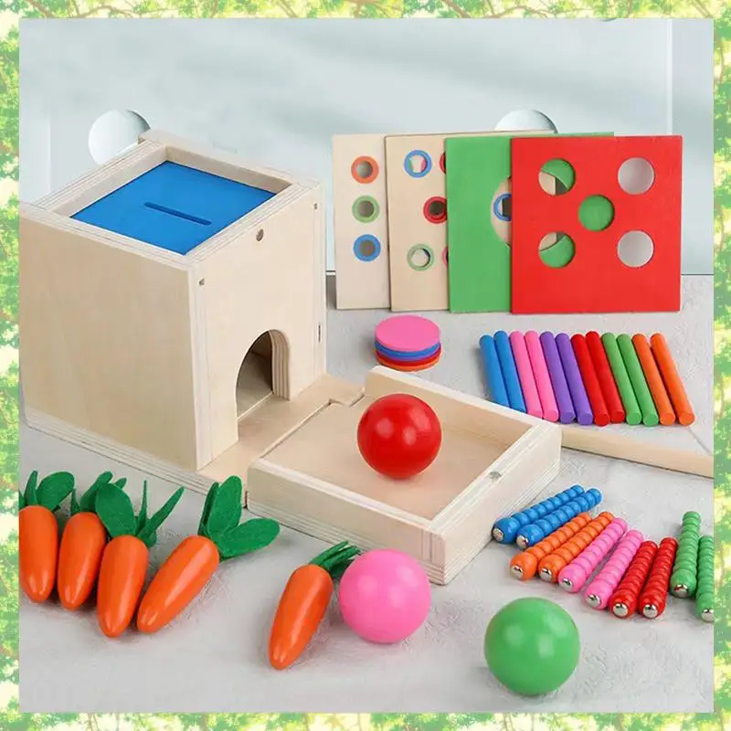 T84C-6-In-1 ไม้ Montessori ชุดวัตถุถาวรกล่องเล่นชุดเหรียญกล่องแครอท Harvest Shape Sorter Ball DROP Dur