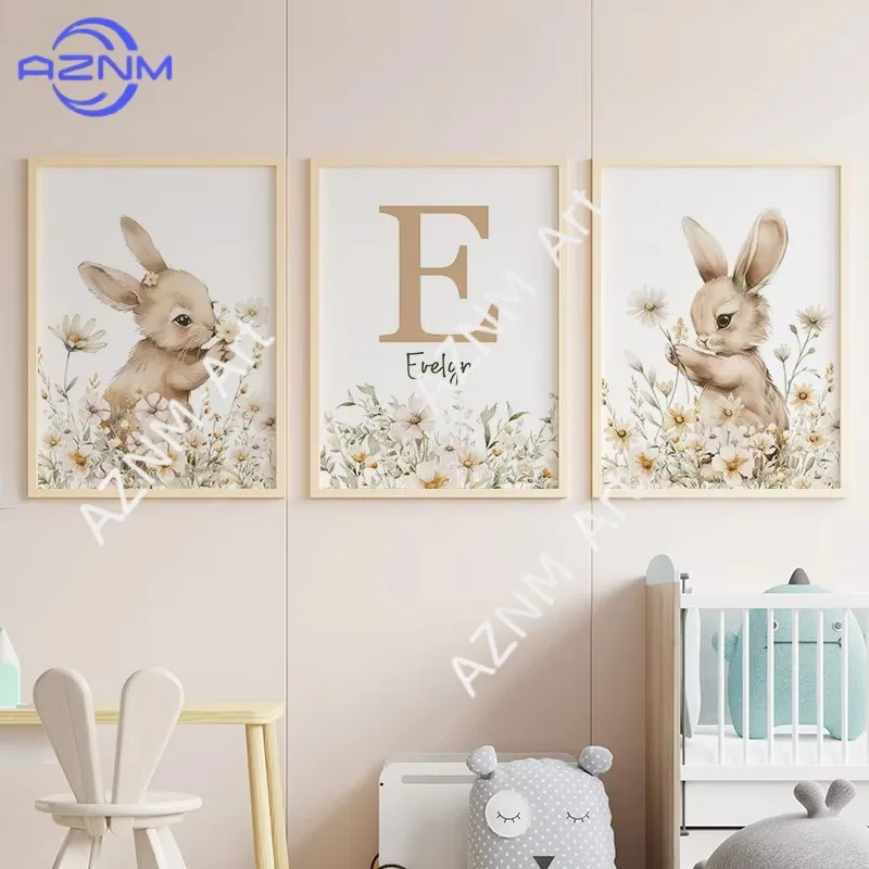 1/3 Stück Hasen-Wildblumen-Gänseblümchen Wandkunst Leinwandgemälde Nordische Cartoon-Poster und Drucke Bilder Baby Kinderzimmer Deko