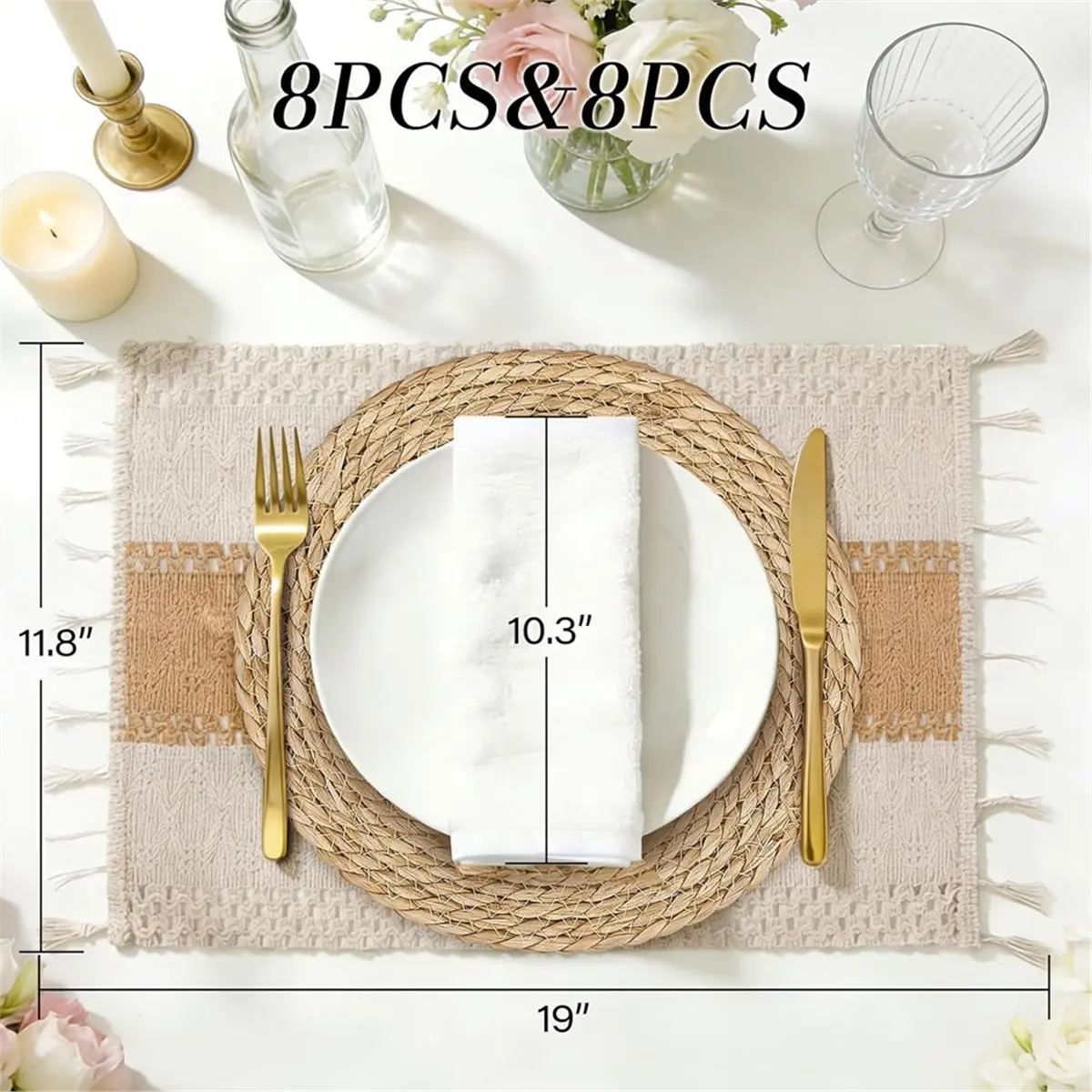 8sets Straw Meal Mat, Round and Rectangular Mats, Bohemian Style Decoration for Rural Farmhouse, Kitchen Heat-