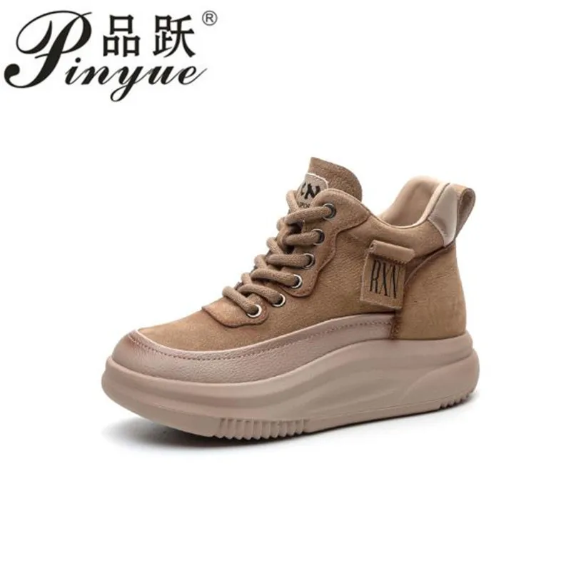 

4.5cm Genuine Leather Ankle Boots Autumn High Brand Women Platform Wedge Spring Ladies Chunky Sneaker Shoes 35-40