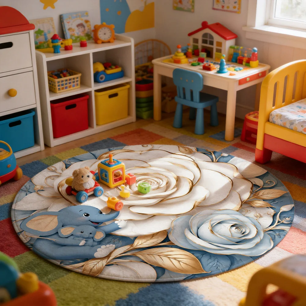 Cute Elephant and Floral Design Round Area Rug for Nursery Kids Playroom Boho Chic Home Decor Mat
