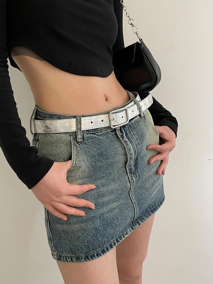 Silver Small Retro Do Old Leather Belt Crack Asia Pacific Sister Culture Spice Girl Decorative Belt 2024 New Fashion