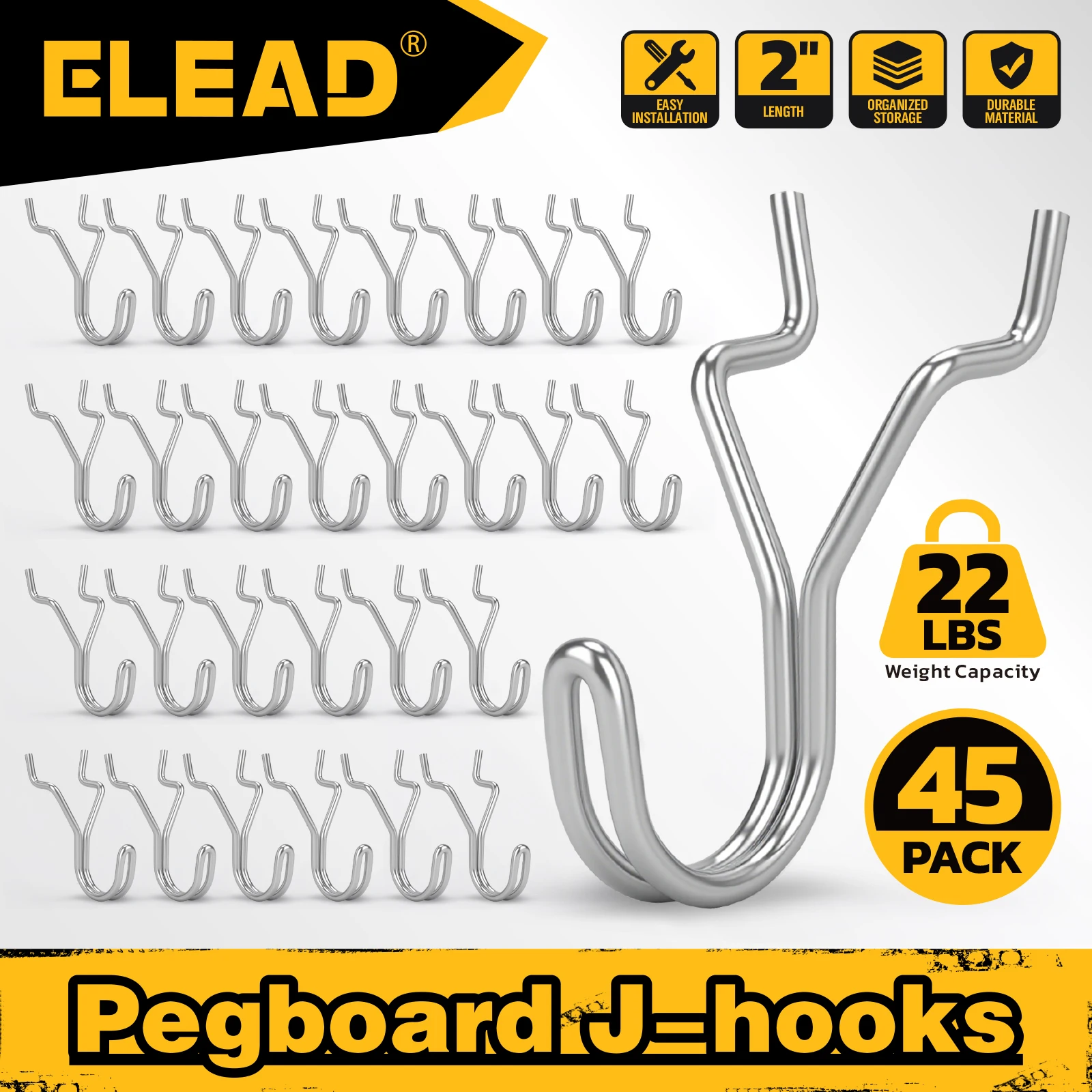 

ELEAD 45 шт. прочных J-образных крючков (серебристые) — подходят для перфорированных панелей толщиной 1/8 дюйма и 3/16 дюйма, идеально подходят для ключей, товаров розничной торговли и мелкого инструмента