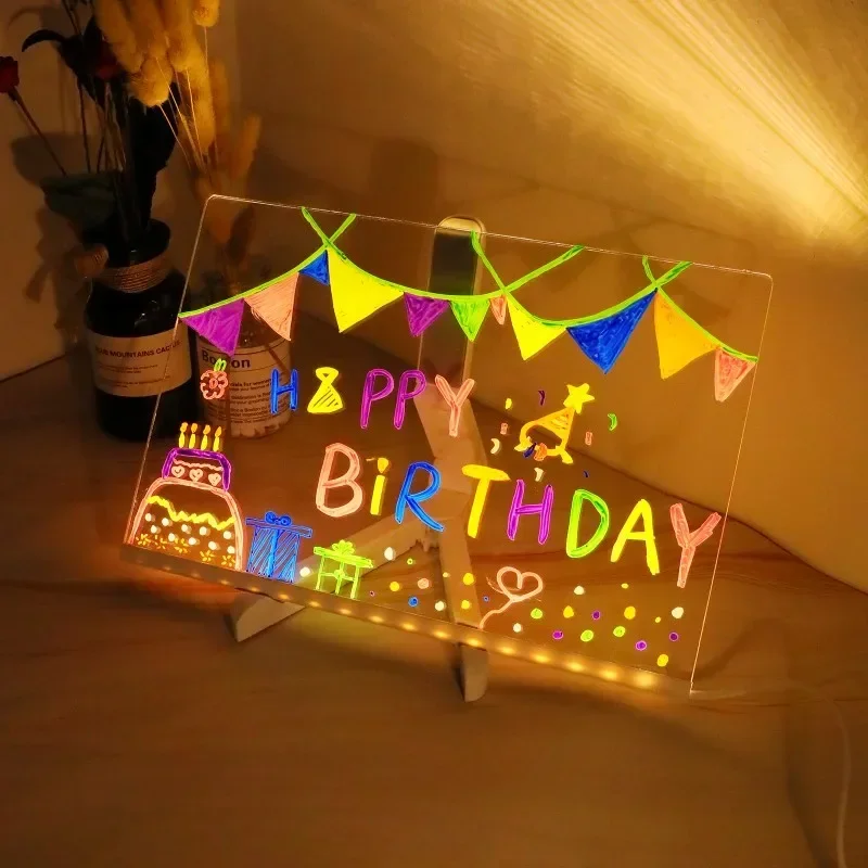 DIY Creative Lamp LED Acrylic Message Note Board Lamp Erasable Children\'s Drawing Board With 7 Colorful Pens Birthday Kids Gifts