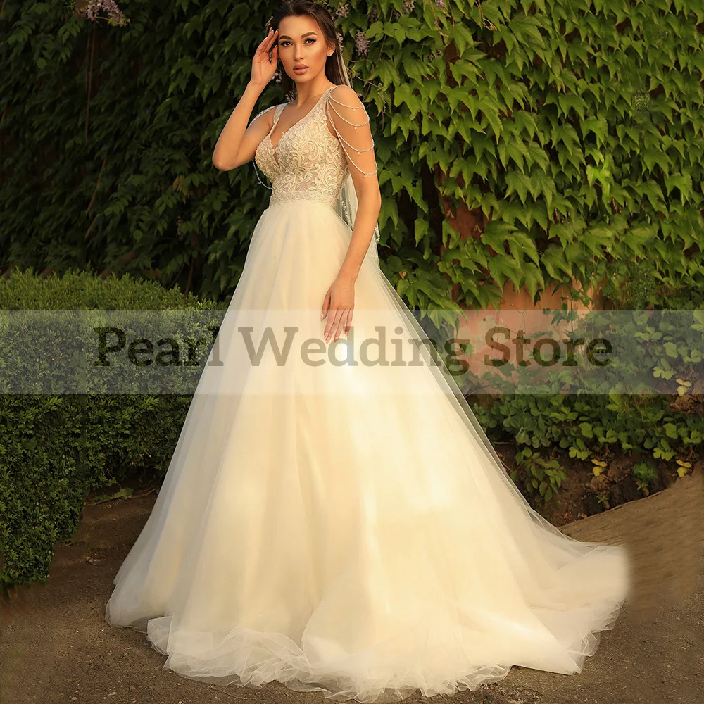 Pmwrun Wunderschöne Hochzeit Kleider V-ausschnitt und Ärmellose Sexy Open Back Appliques Tüll Illusion Romantische Bridel Heiraten Kleider